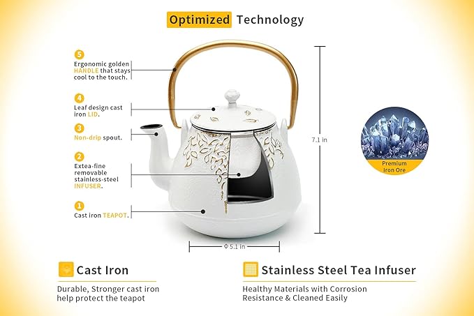 TOPTIER Japanese Cast Iron Tea Kettle with Infuser,Teapot Stovetop Safe, Leaf Design , Coated with Enameled Interior for 32 Ounce (950 ml), White