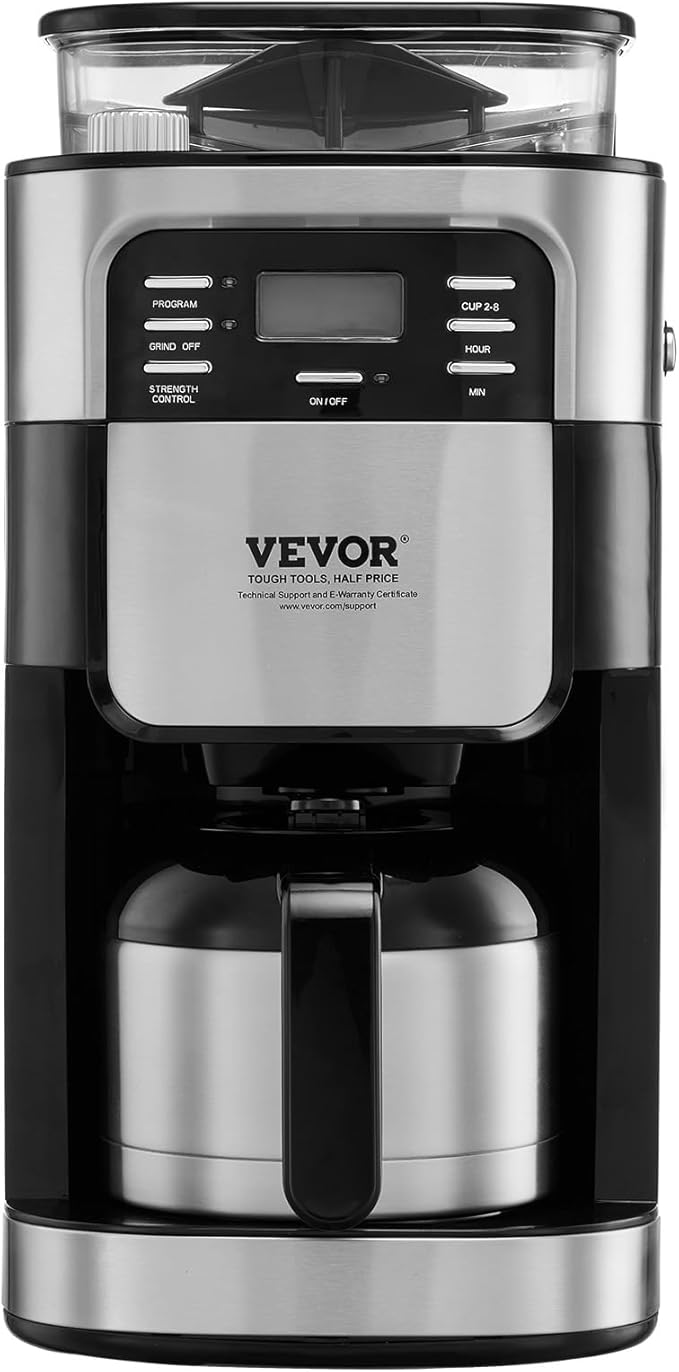 VEVOR Coffee Maker with Grinder, 8 Cup Coffee Machine, Grind and Brew Coffee Maker with 3 Brew Strength Control, 24-Hour Timer for Auto Brew, for Home Office Restaurant