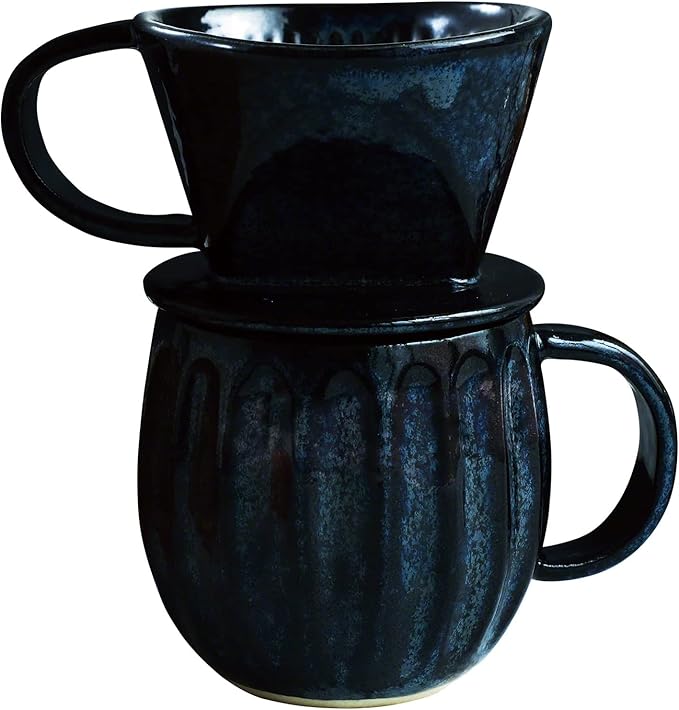 Asayu Japan Ceramic Coffee Pour Over Maker Set in Dark Navy Blue, Slow Brewing Paper Filter Holder and Dripper with 3 Holes for Coffee and Tea - Complete 2PCS Set