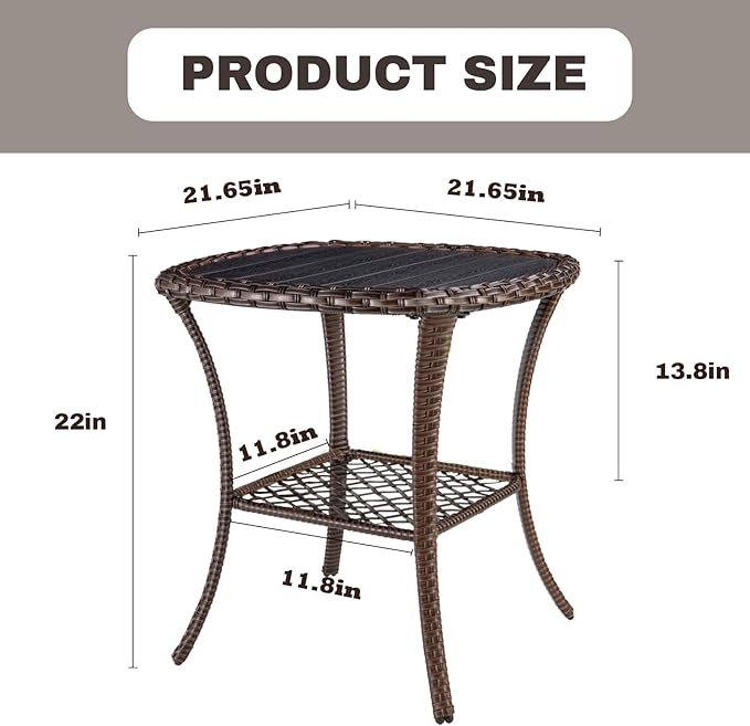 Outdoor Side Table Patio Wicker Coffee Table Outdoor End Table Rattan Bistro Table with Storage & Poly Lumber Table Top Square for Outside Balcony Porch Backyard Deck Brown