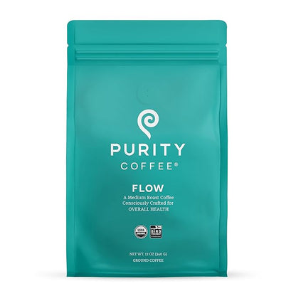 Purity Coffee FLOW Original Medium Roast Ground Coffee for Focus and Clean Energy - USDA Organic and Third-Party Tested for Antioxidants, Mold, Mycotoxins and Pesticides - 12oz (Purity Flow, medium_roast) | Ground| FLOW