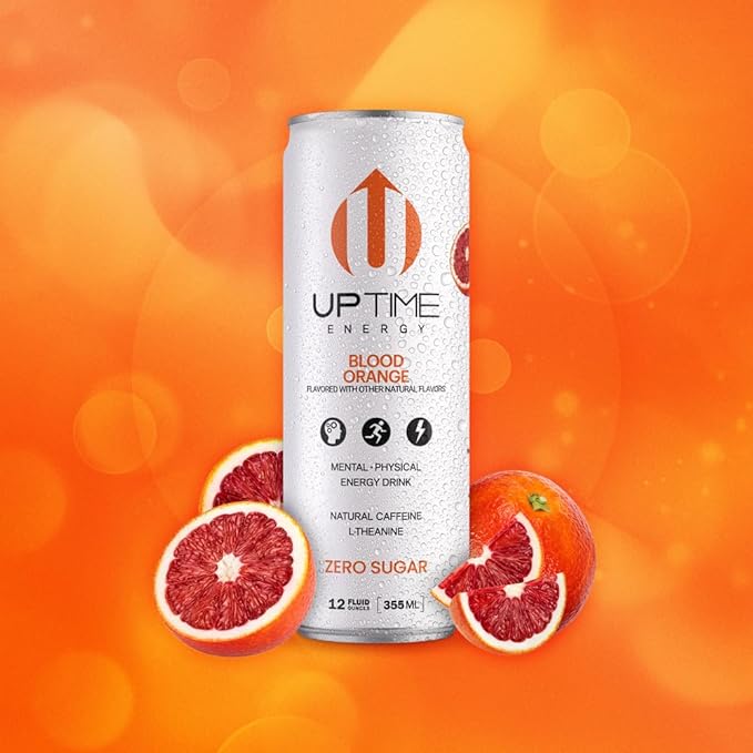 UPTIME Energy Drink, Blood Orange Sparkling, 12 Pack, Vitamin C, L Theanine, Calcium, Sugar Free Energy Drinks for Focus Support, 142mg of Natural Caffeine, 0 Calories, Clean, Natural, 12 fl oz Cans