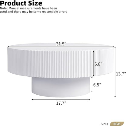 31.5 Inch Round Drum Coffee Table, Modern Handcraft Fluted Drum Coffee Table, Wooden Round Coffee Table Center Table Cocktail Table with Stable Pedestal for Living Room Apartment (White)