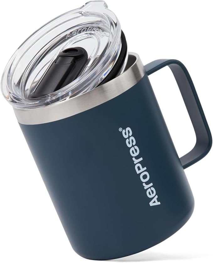AeroPress Travel Coffee Mug with Handle, Double-Wall Vacuum Insulated Stainless Steel with Splash-Resistant Slider Lid, Compatible for Hot or Cold Drinks, Dishwasher Safe, 12 oz, Blue