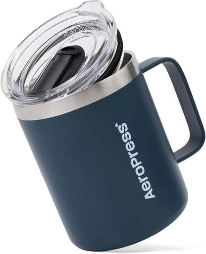 AeroPress Travel Coffee Mug with Handle, Double-Wall Vacuum Insulated Stainless Steel with Splash-Resistant Slider Lid, Compatible for Hot or Cold Drinks, Dishwasher Safe, 12 oz, Blue