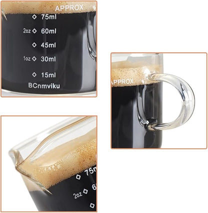 BCnmviku 2 PACK Espresso Glass Measuring Cup Triple Pitcher Milk Cup 75ML Espresso Cups with Handle Shot Glass with V-Shaped Mouth Clear Accessories Milk Frothing Pitcher (2)