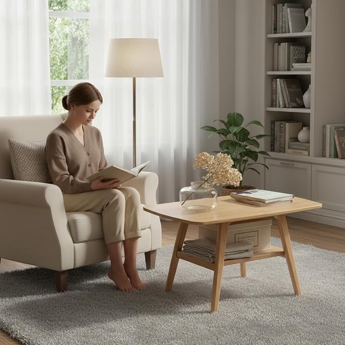 Small Coffee Table for Living Room, 2-Tier Mid Century Modern Small Tables with Shelf Storage, Storage Coffee Table with Rounded Corners (Solid Oak Wood Log Color, 31.5'' L)