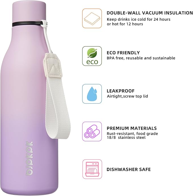 BJPKPK Insulated Water Bottles, 18 oz Stainless Steel Metal Water Bottle with Strap, BPA Free Leak Proof Jugs, Mugs, Flasks, Reusable Thermal Flasks for Sports & Travel, Dreamy Purple