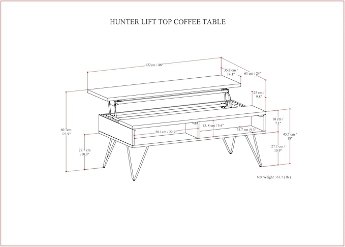 SIMPLIHOME Hunter Lift Top Coffee Table - 48 inch Wide Solid Walnut Veneer and Metal Industrial Cocktail Table, Functional Living Room Table with 2 Storage Cubbies and Hairpin Legs