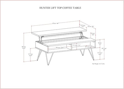 SIMPLIHOME Hunter Lift Top Coffee Table - 48 inch Wide Solid Walnut Veneer and Metal Industrial Cocktail Table, Functional Living Room Table with 2 Storage Cubbies and Hairpin Legs