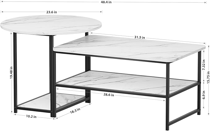 WOHOMO 48IN Faux Marble Wood Coffee Table with Adjustable Shelf, White Nesting Tables 2 in 1, Small Coffee Tables for Living Room