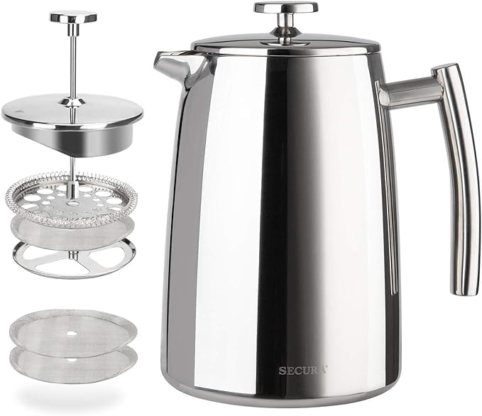 Secura French Press Coffee Maker, 34-Ounce, 304 Stainless Steel Insulated Coffee Press with Extra ScreenSecura French Press Coffee Maker, 34-Ounce, 304 Stainless Steel Insulated Coffee Press with Extra Screen