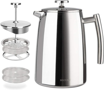 Secura French Press Coffee Maker, 34-Ounce, 304 Stainless Steel Insulated Coffee Press with Extra ScreenSecura French Press Coffee Maker, 34-Ounce, 304 Stainless Steel Insulated Coffee Press with Extra Screen