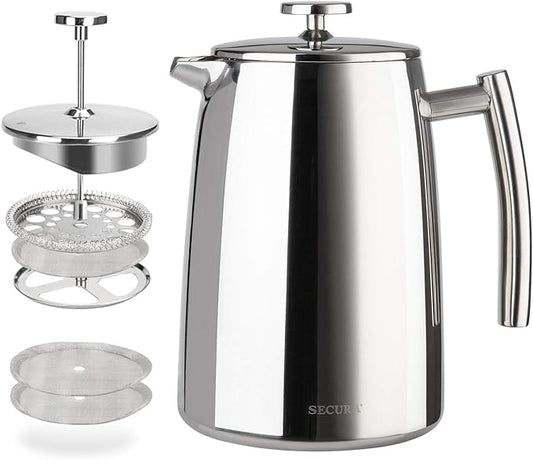Secura French Press Coffee Maker, 34-Ounce, 304 Stainless Steel Insulated Coffee Press with Extra ScreenSecura French Press Coffee Maker, 34-Ounce, 304 Stainless Steel Insulated Coffee Press with Extra Screen