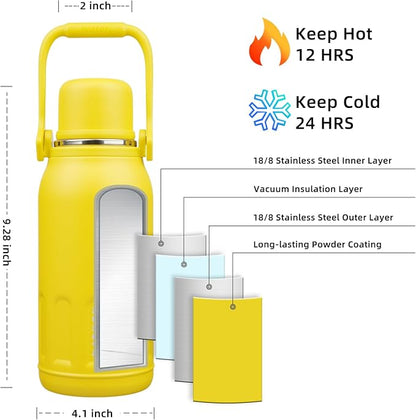 BJPKPK Insulated Thermal 40oz Disherwasher Safe Water Bottle with Handle and Lid Stainless Steel Water Bottles For Cold and Hot Beverages,Yellow