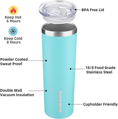 BJPKPK 2 Pack 20oz Skinny Tumblers with Lid Insulated Travel Coffee Cup Stainless Steel Thermal Mug,Turquoise,Turquoise