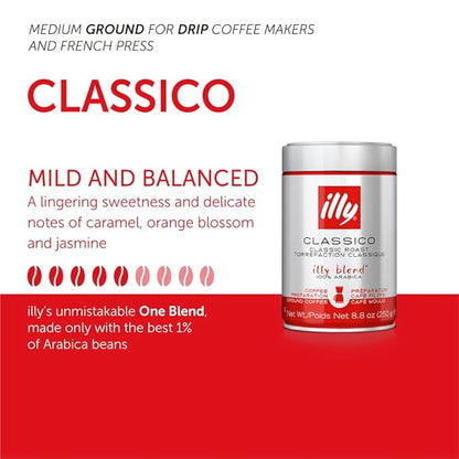 illy Drip Coffee - Ground Coffee - 100% Arabica Ground Coffee – Classico Medium Roast - Notes of Caramel, Orange Blossom & Jasmine - No Preservatives – Mild & Balanced – 4.4 Ounce
