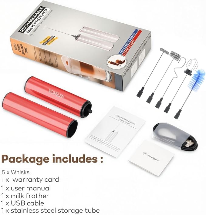 Rechargeable Milk Frother Handheld Electric Frother Wand Milk Foamer Drink Mixer for Coffee, Lattes, Cappuccino, and Egg, Stainless Steel for Travel-Rube Red