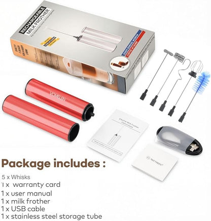 Rechargeable Milk Frother Handheld Electric Frother Wand Milk Foamer Drink Mixer for Coffee, Lattes, Cappuccino, and Egg, Stainless Steel for Travel-Rube Red