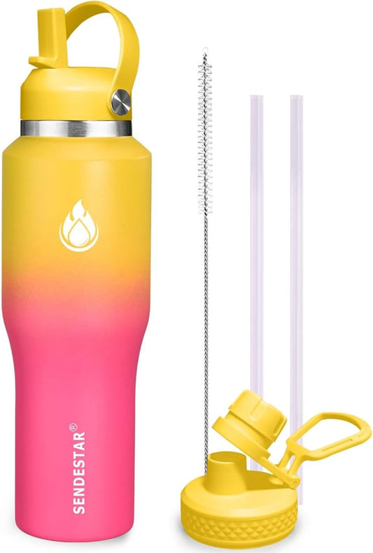 SENDESTAR 40oz Stainless Steel Water Bottle(Cold for 48 Hrs, Hot for 24 Hrs),Double Wall Vacuum Insulated Bottle with Straw Lid, Spout Lid and Flex Cap, Fit in Any Car Cup Holder