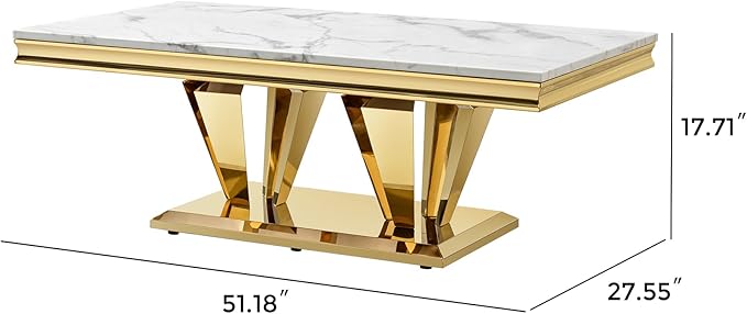 Marble Grain Coffee Table with Gold Stainless Steel Pedestal,Modern Coffee Tables,Rectangualr Living Room Table with Faux Marble Top & Luxury Legs,Imitaion Marble Grain Cocktail Center Table 51.18inch