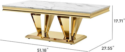 Marble Grain Coffee Table with Gold Stainless Steel Pedestal,Modern Coffee Tables,Rectangualr Living Room Table with Faux Marble Top & Luxury Legs,Imitaion Marble Grain Cocktail Center Table 51.18inch