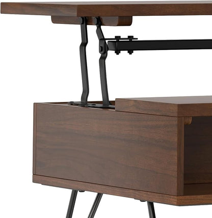 SIMPLIHOME Hunter Lift Top Coffee Table - 48 inch Wide Solid Walnut Veneer and Metal Industrial Cocktail Table, Functional Living Room Table with 2 Storage Cubbies and Hairpin Legs