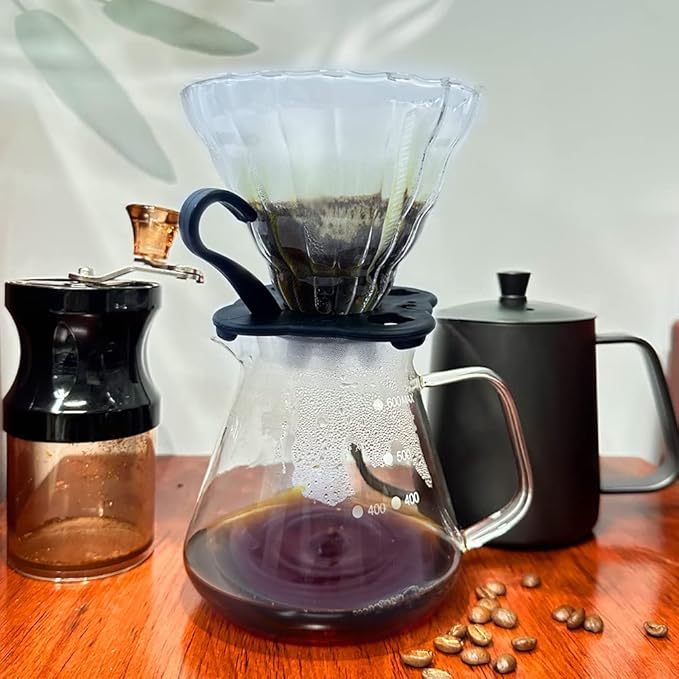 DS&DV Coffee Set Incl. Coffee Scale Glass Driper,Manual Grinter,Pour Over Kettle,Paper Filters,Double Wall Mug for Camping and Travelling (8 in 1 Coffee Makers)