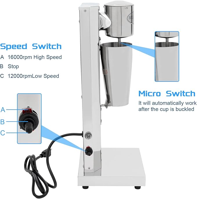 110V 180W 650ML Milk Shaker Mixer Stand Mixer Milkshaker Cocktail Electric Drink Mixer 18000RMP Commercial Stainless Steel Milk Shake Machine (One Head (650ml))