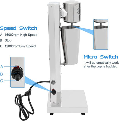 110V 180W 650ML Milk Shaker Mixer Stand Mixer Milkshaker Cocktail Electric Drink Mixer 18000RMP Commercial Stainless Steel Milk Shake Machine (One Head (650ml))