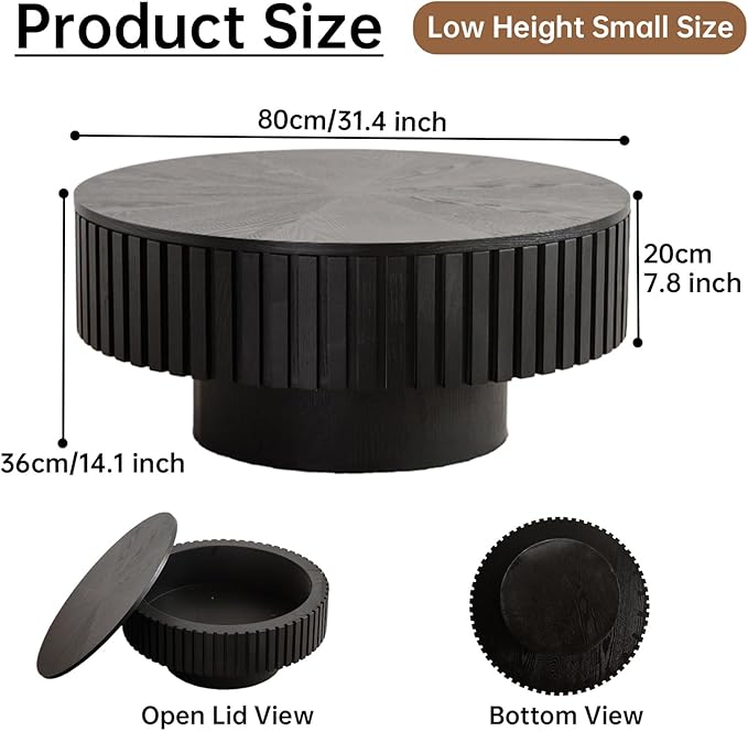 Round Coffee Table with Storage 31.4" Modern Black Fluted Coffee Table Low Round Storage Drum Pedestal Coffee Tables for Living Room Farmhouse (Black A 31.4in)