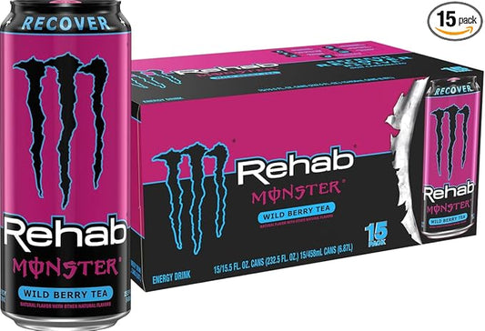 Monster Rehab Wild Berry Tea + Energy, Energy Iced Tea, Energy Drink, 15.5 Ounce (Pack of 15)