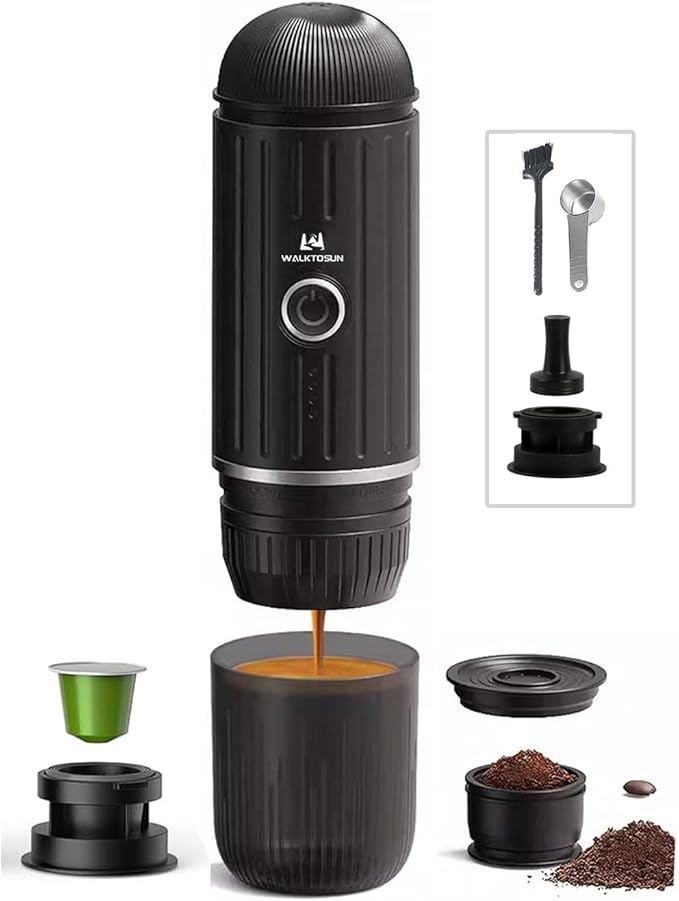 Portable Espresso Coffee Maker Electric Expresso Maker Self Heating Battery Powered, 19 Bar Pressure, Coffee Machine with Ground Coffee & NS Capsule for Travel,Outdoors，Camping,RV,Hiking,Office(Black)