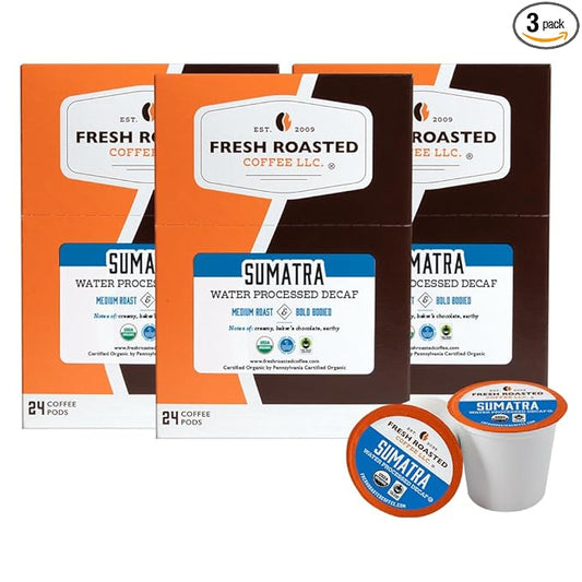 Fresh Roasted Coffee, Organic Sumatra Water-Processed Decaf | 100% Single Origin, USDA Organic, Kosher | Medium Roast K-Cup Compatible | 72 Pods