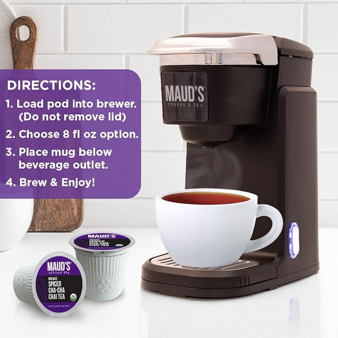 Maud's Organic Chai Tea Pods, 48 ct, Recyclable Single Serve Tea Pods – 100% Gourmet Blended Tea Leaves, Compatible with Keurig K Cups Maker