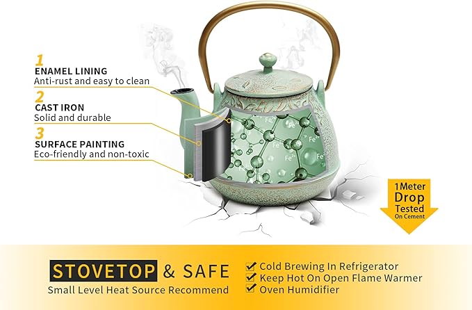 TOPTIER Tea Kettle for Stove Top, Cast Iron Teapot Stovetop Safe with Infusers for Loose Tea, 22 oz, Light Green