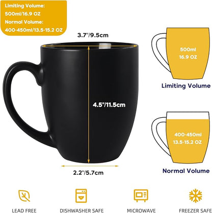 Schliersee 16 OZ Black Coffee Mugs Set of 6, Large Porcelain Mug for Cup for Latte, Hot Tea, Cappuccino, Mocha, Cocoa, Housewarming Wedding Stoneware Mug Present