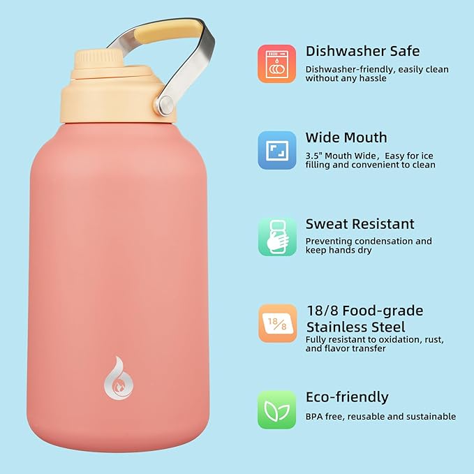 BJPKPK 1 Gallon Water Bottle Insulated, Dishwasher Safe 128oz Large Water Jug with Metal Handle & BPA Free Spout Lid, Stainless Steel Metal Thermo for Gym, Sports & Hiking, Pink