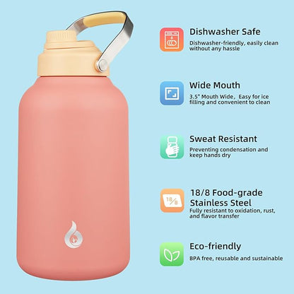 BJPKPK 1 Gallon Water Bottle Insulated, Dishwasher Safe 128oz Large Water Jug with Metal Handle & BPA Free Spout Lid, Stainless Steel Metal Thermo for Gym, Sports & Hiking, Pink