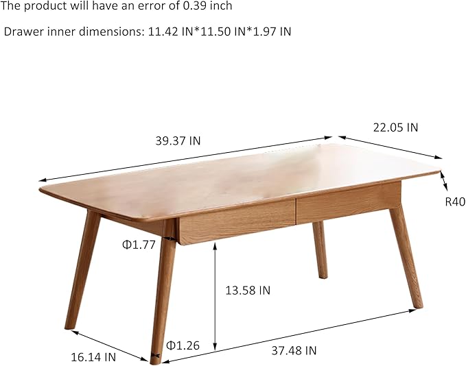 Solid Wood Coffee Table with Drawers - 100% North American FAS Grade Oak, Traditional Mortise and Tenon Craftsmanship, Low Table for Living Room & Home Office Eco-Friendly Finish