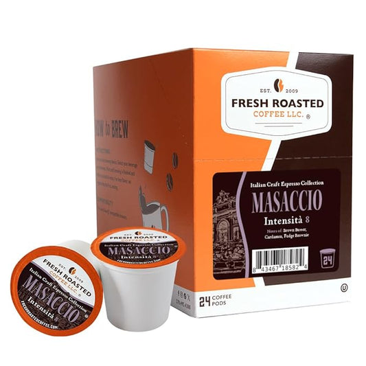 Fresh Roasted Coffee, Masaccio Italian Craft Artisan Blend, Dark Roast, Kosher, 24 Pods for K cup Brewers