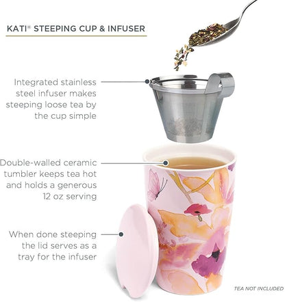 Tea Forte Mariposa Double-Walled Ceramic Kati Cup with Removable Stainless Steel Infuser Basket and Lid, Steeps 12 oz Loose Leaf Tea, Lid and Cup Dishwasher & Microwave Safe