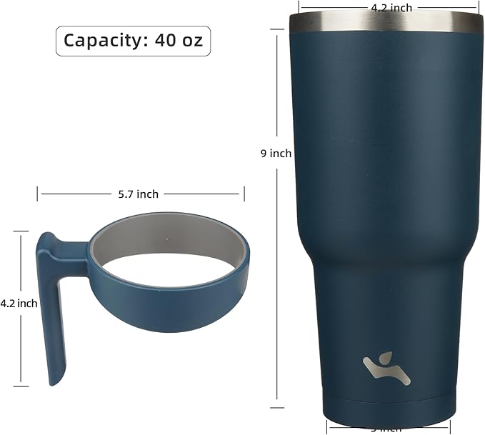 40 oz Tumbler with Handle and 2 Straw 2 Lid, Insulated Water Bottle Stainless Steel Vacuum Cup Reusable Travel Mug, Navy Blue