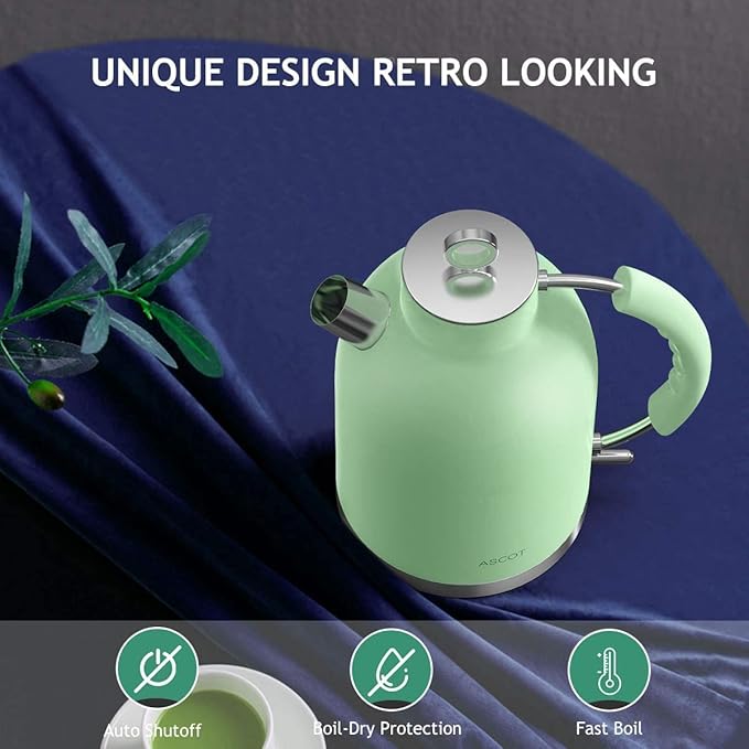 Electric Kettle ASCOT, Tea Kettle Hot Water Kettle Stainless Steel Kettle 1.5L 1500W Retro Tea Heater & Boiling Water, Auto Shut-Off and Boil-Dry Protection (Matte Green)