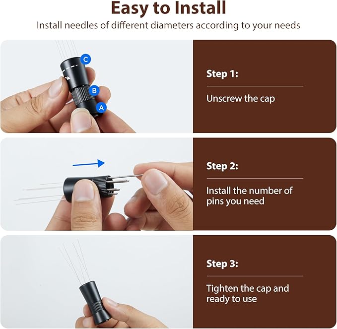 WDT Tool - Coffee Distribution Tool with Magnetic Stand, Adjustable Range Espresso Stirrer, 304 Stainless Steel 6 Needles 0.4mm and 6 Extra Needles 0.25mm