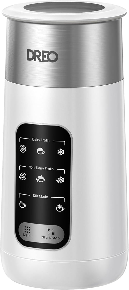 Dreo 8-in-1 Milk Frother, Electric Stainless Steel Frother for Latte Art Microfoam and Coffee, 9oz/270ml Warm and Cold Foam Automatic Frothers, LED, Pearl White