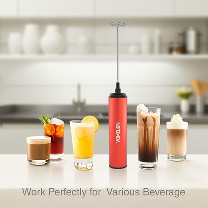 Rechargeable Milk Frother Handheld Electric Frother Wand Milk Foamer Drink Mixer for Coffee, Lattes, Cappuccino, and Egg, Stainless Steel for Travel-Rube Red