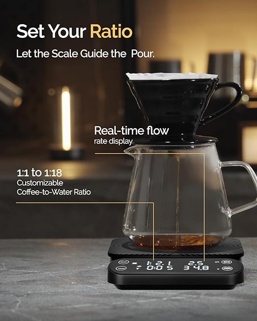 Maestri House S3 Coffee Scale with Timer, 3kg/0.1g Rechargeable Digital Scale, 3 Brew Modes, Adjustable Ratios & Flow Rate Display, Barista-Grade for Pour-Over, Espresso, French Press – Black