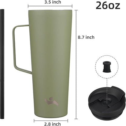 Insulated Tumbler with Handle and Straw, 26 OZ Travel Coffee Mug Stainless Steel Cup Metal Water Bottle,Camp Green