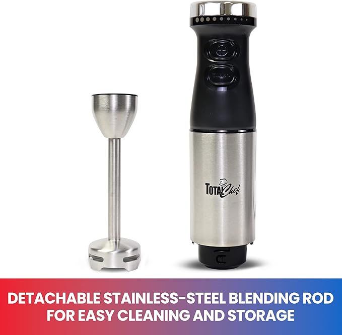 Total Chef Immersion Blender - Electric Handheld Stick Mixer with Stainless Steel Shaft, Variable Speed for Smoothies, Soups, Milkshakes, Baby Food, Puree, Batidora de Inmersión